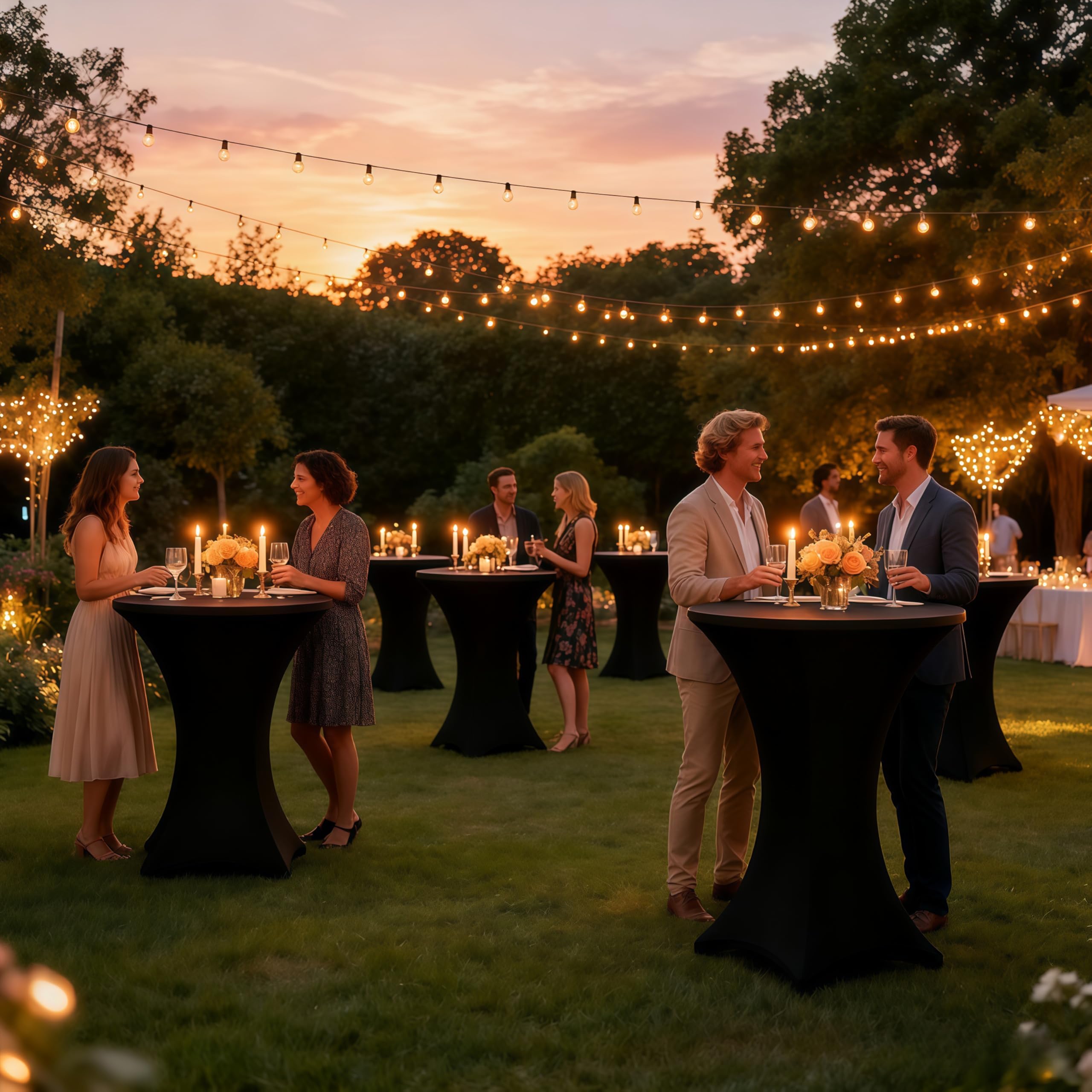 Lemict stretch fabric keeps cocktail tables neat and wrinkle-free during events.