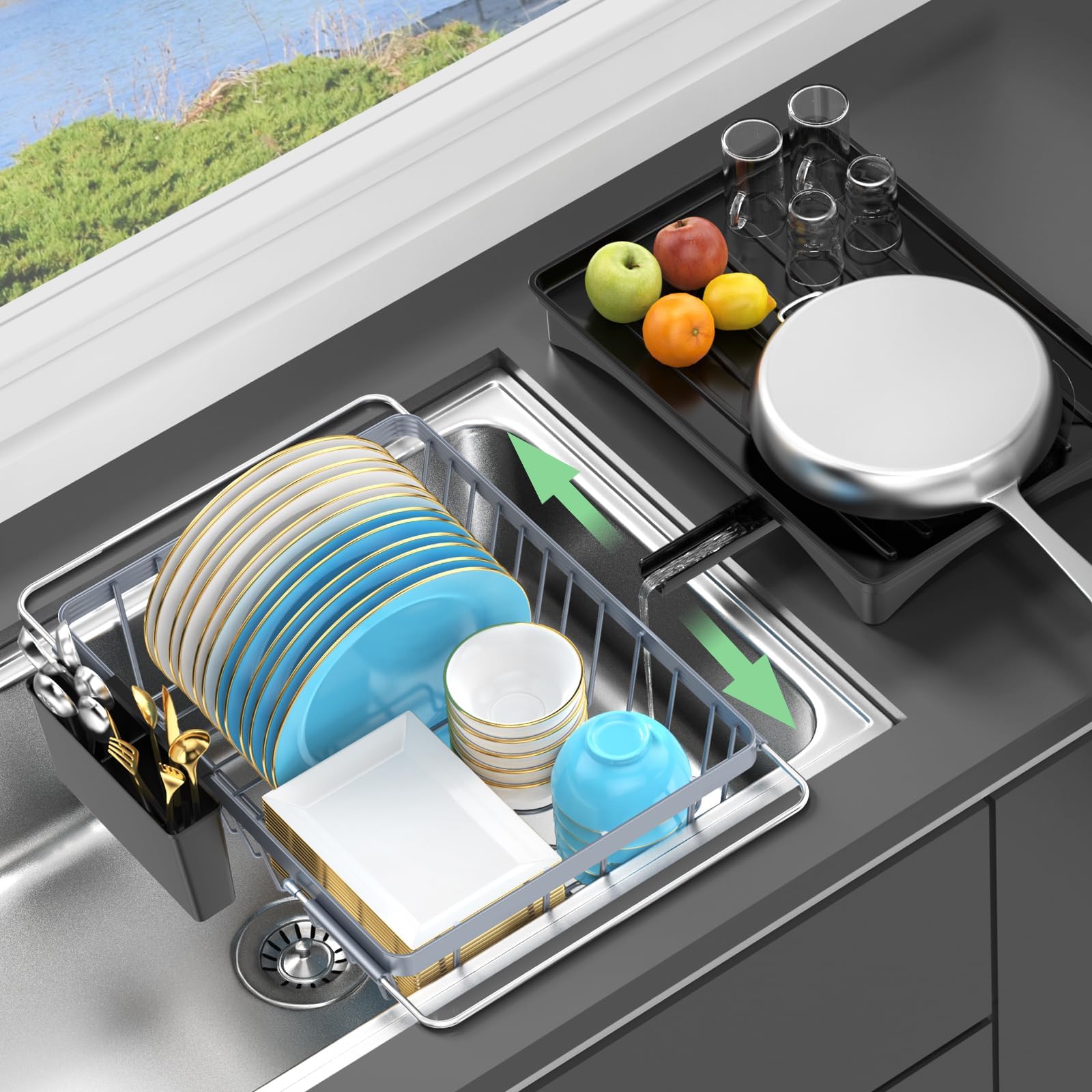 LEMIKKLE all-in-one dish drainer provides extra space vs standard racks