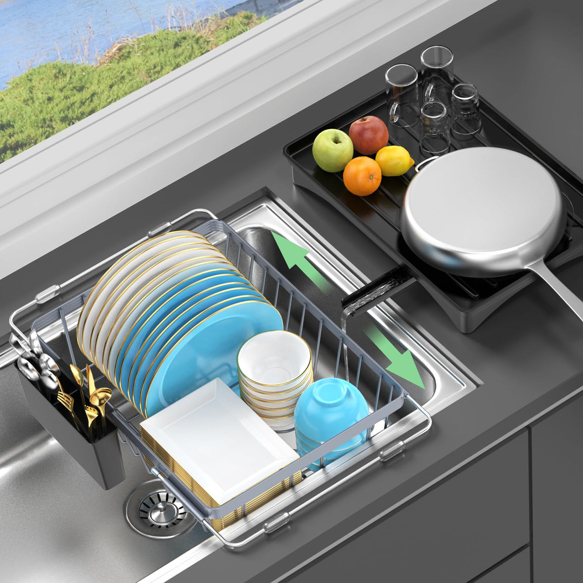 LEMIKKLE expandable over-sink dish drying rack fits compact counters and grows with sink