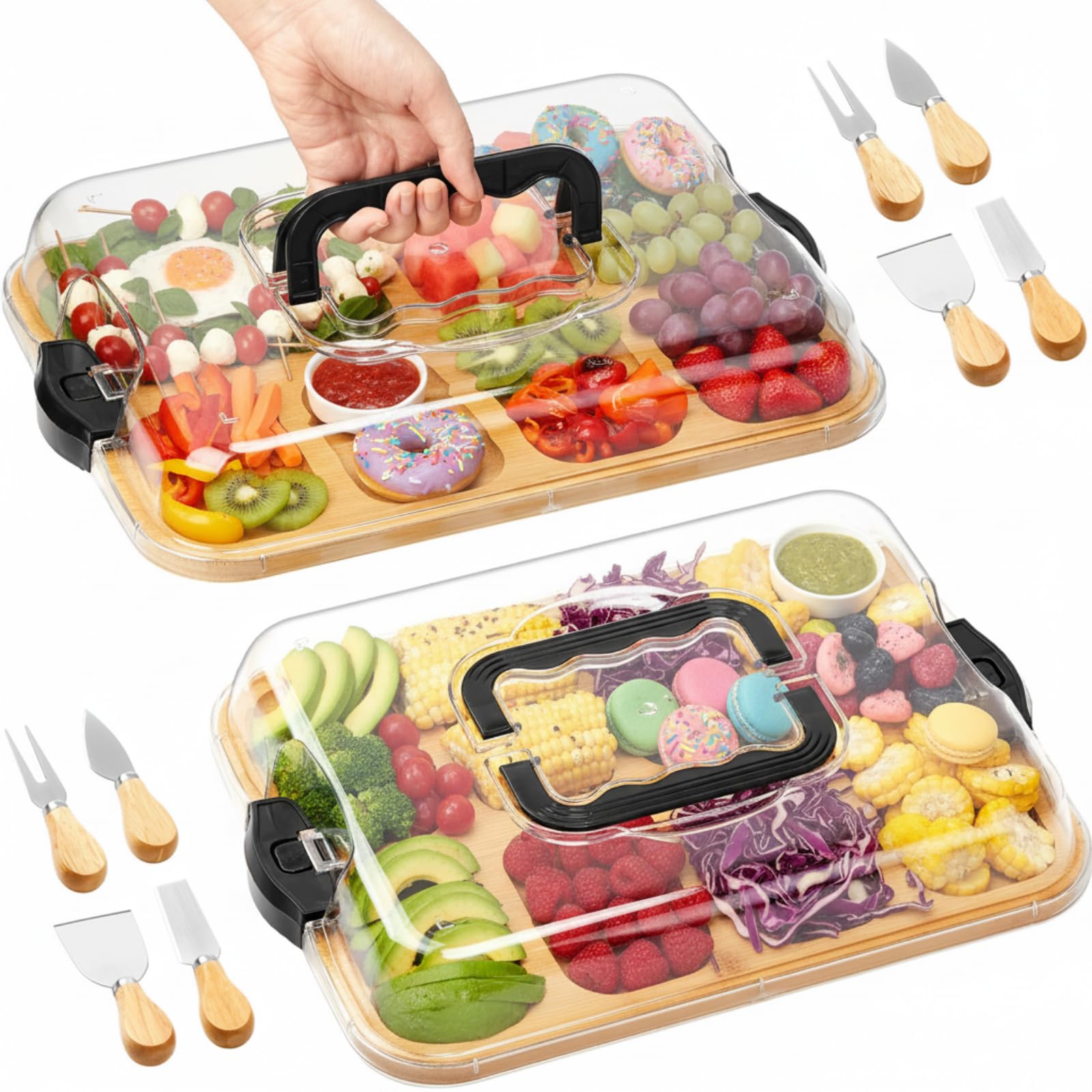 LemonRoad charcuterie board lid handle setup: sturdy bamboo for stylish hosting and easy transport.