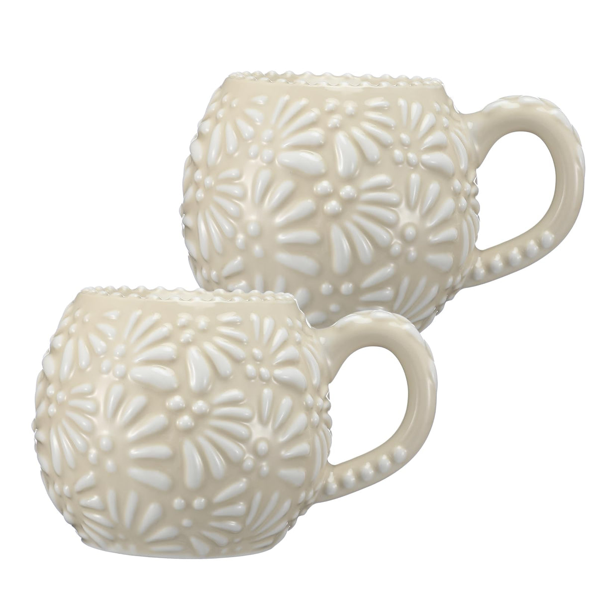 LemonRoad Mexican pottery mugs with beige and white pattern for stylish serving.