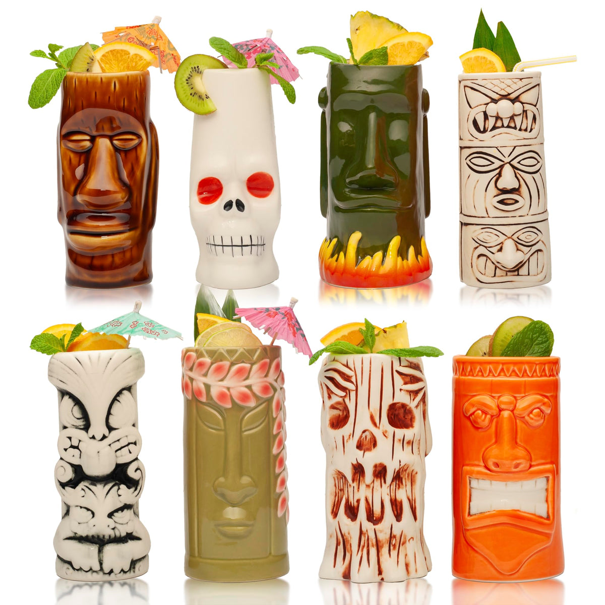 LEMONSODA ceramic Hawaiian tiki glass set for tropical cocktails and luau gatherings.