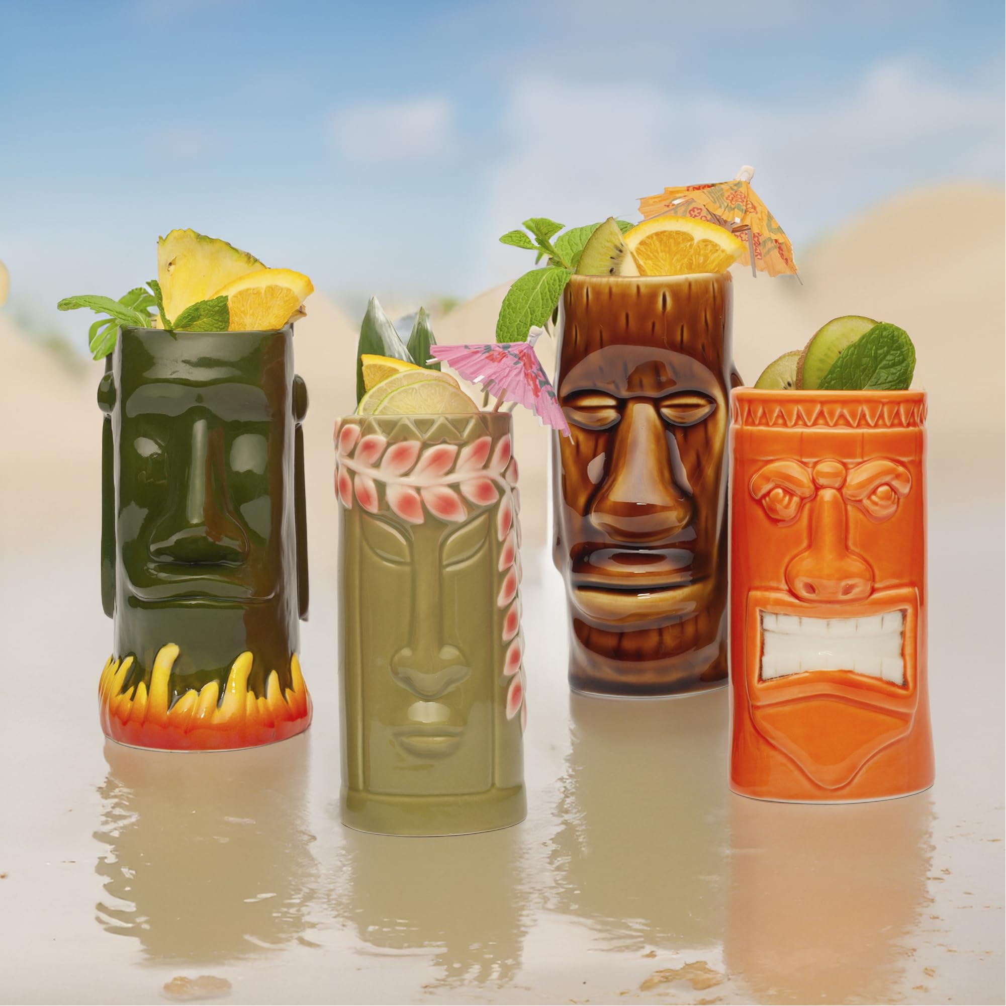 LEMONSODA ceramic tiki glasses in bold colors enhance tropical sips.