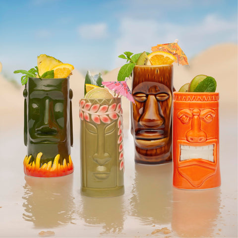 LEMONSODA ceramic tiki glasses in bold colors enhance tropical sips.
