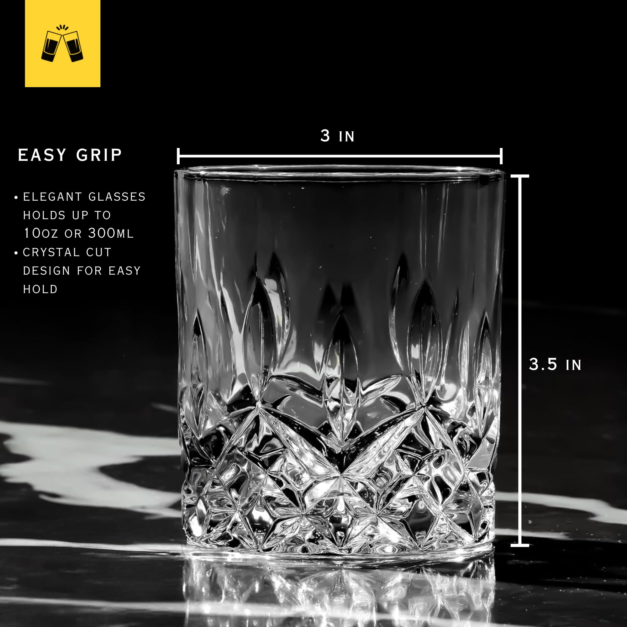 LEMONSODA crystal-cut glasses stacked, showcasing space-saving elegance.