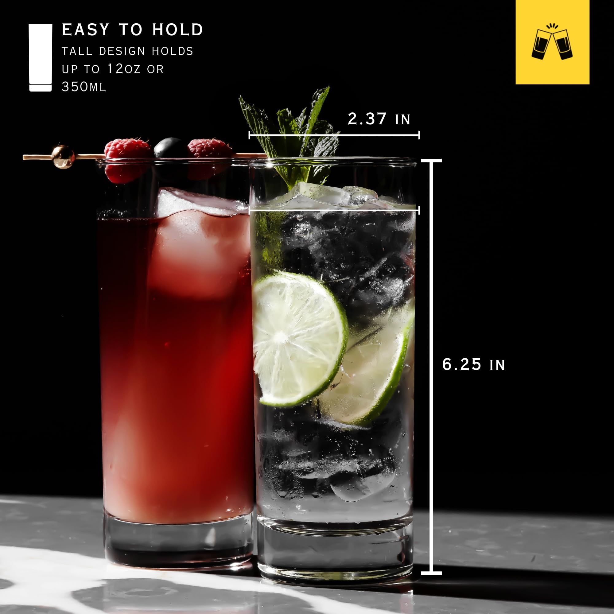 LEMONSODA Tom Collins setup with tall highball glasses for cocktails