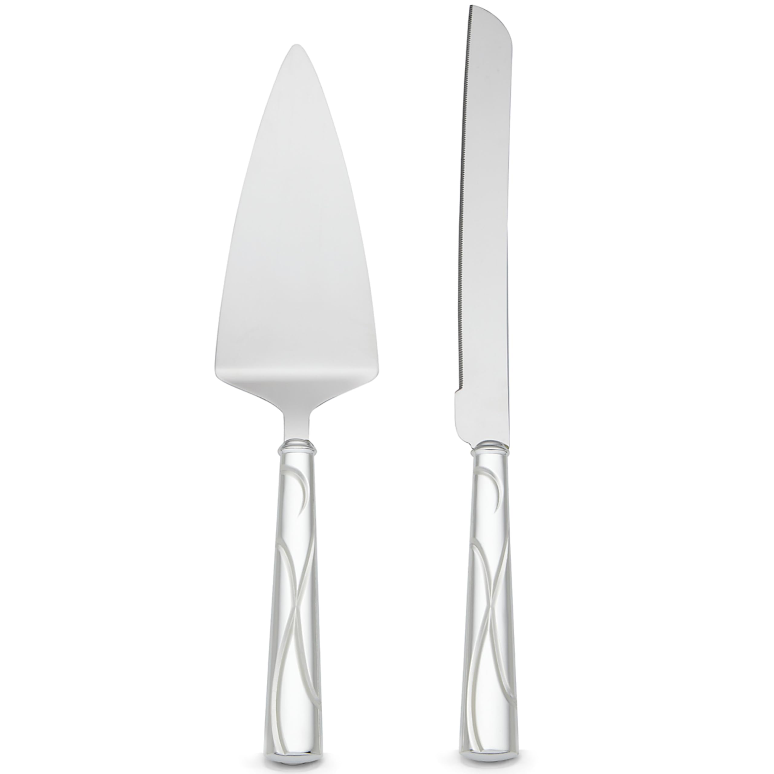 Lenox Adorn cake knife and server in silver with ribbon motif for weddings