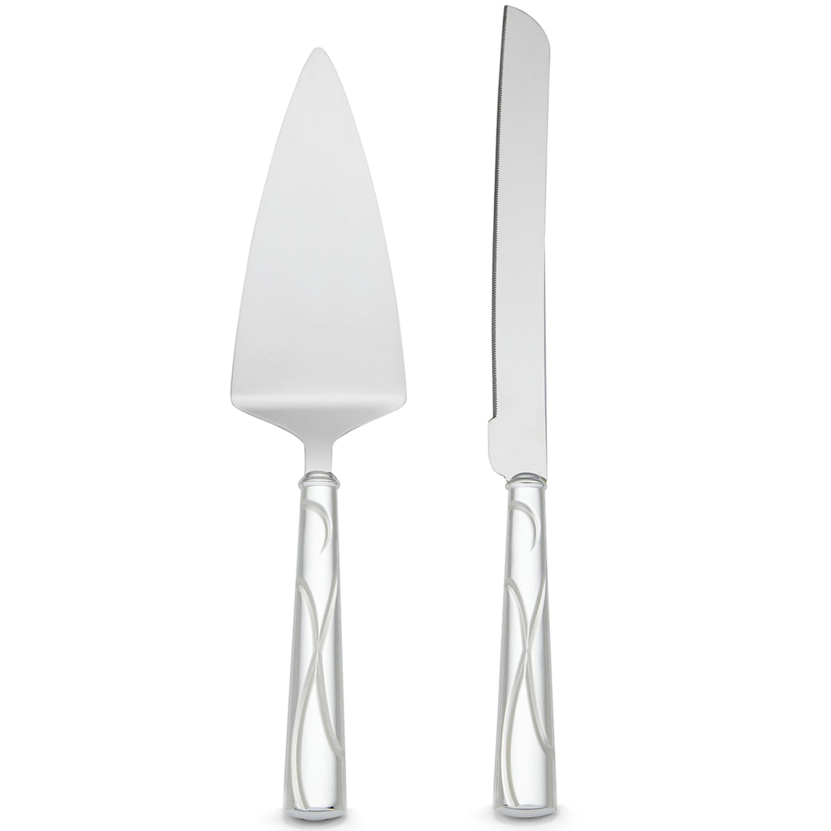 Lenox Adorn cake knife and server in silver with ribbon motif for weddings