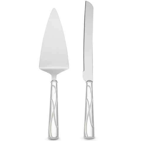 Lenox Adorn cake knife and server in silver with ribbon motif for weddings