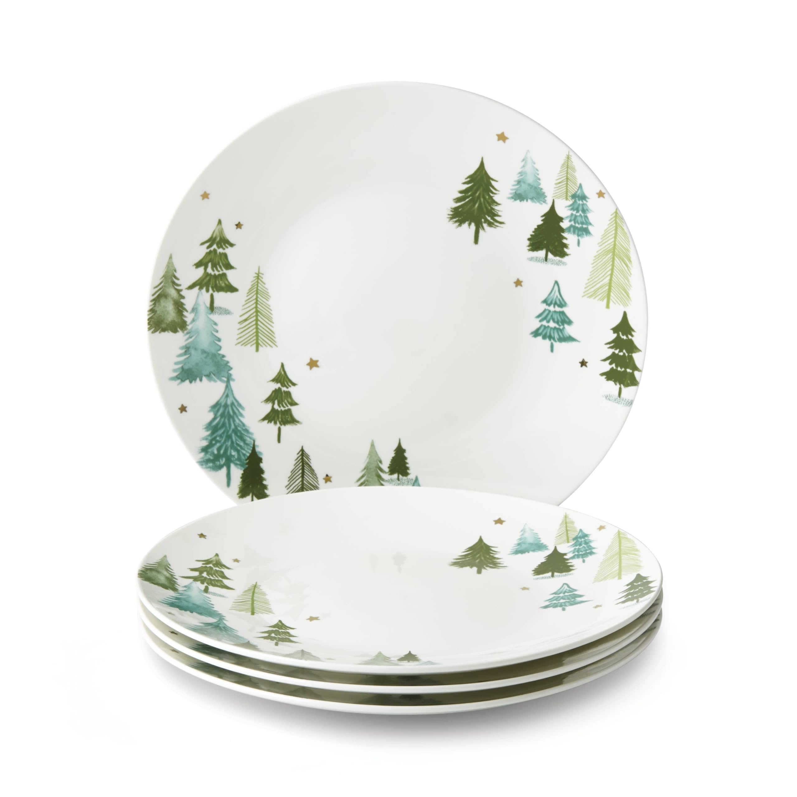 Close-up of Lenox Balsam Lane green plate showing pine-tree motif and gold accents.