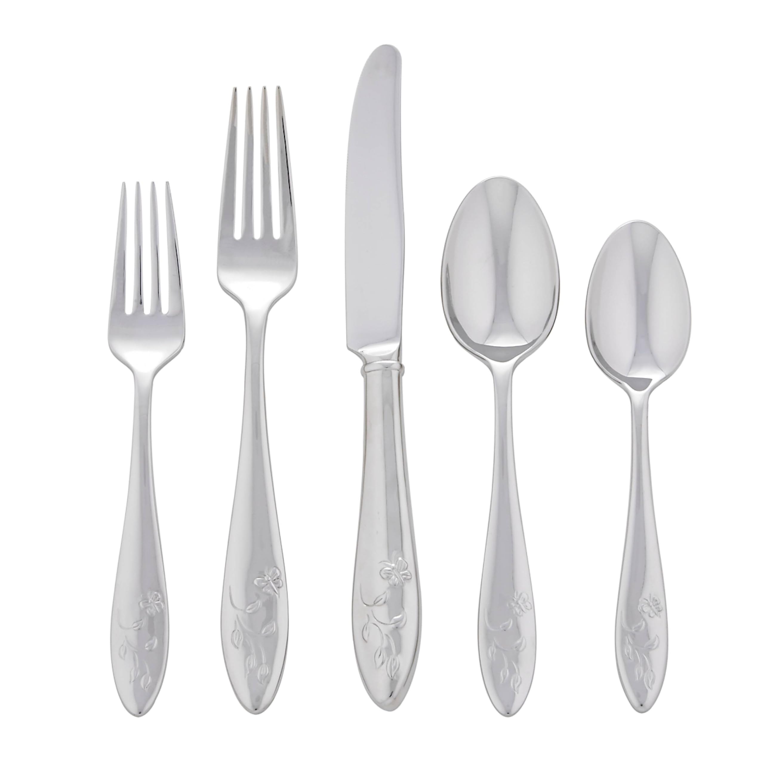 Lenox Butterfly Meadow 65-piece flatware set laid out for twelve guests, durable stainless steel.