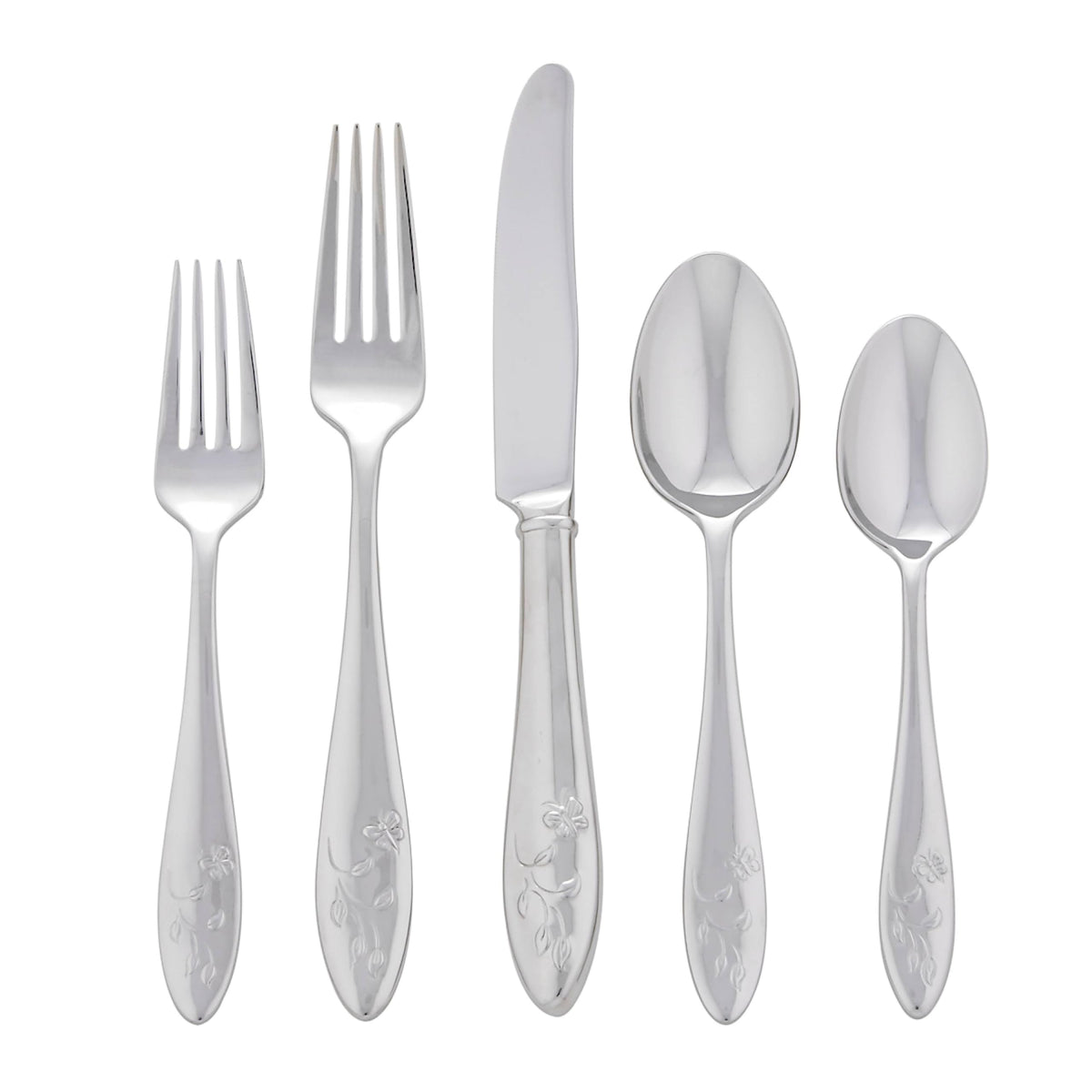 Lenox Butterfly Meadow 65-piece flatware set laid out for twelve guests, durable stainless steel.