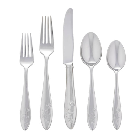Lenox Butterfly Meadow 65-piece flatware set laid out for twelve guests, durable stainless steel.