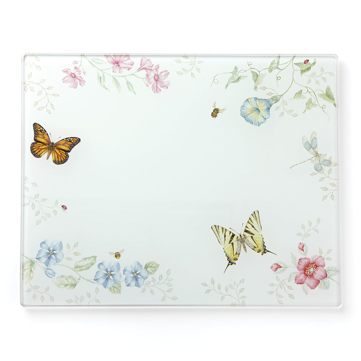 Lenox Butterfly Meadow glass cutting board in full view for stylish food prep.
