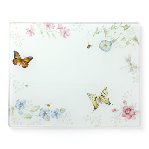 Lenox Butterfly Meadow glass cutting board in full view for stylish food prep.