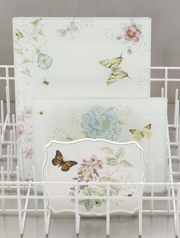 Closeup of Butterfly Meadow pattern on Lenox glass cutting board.