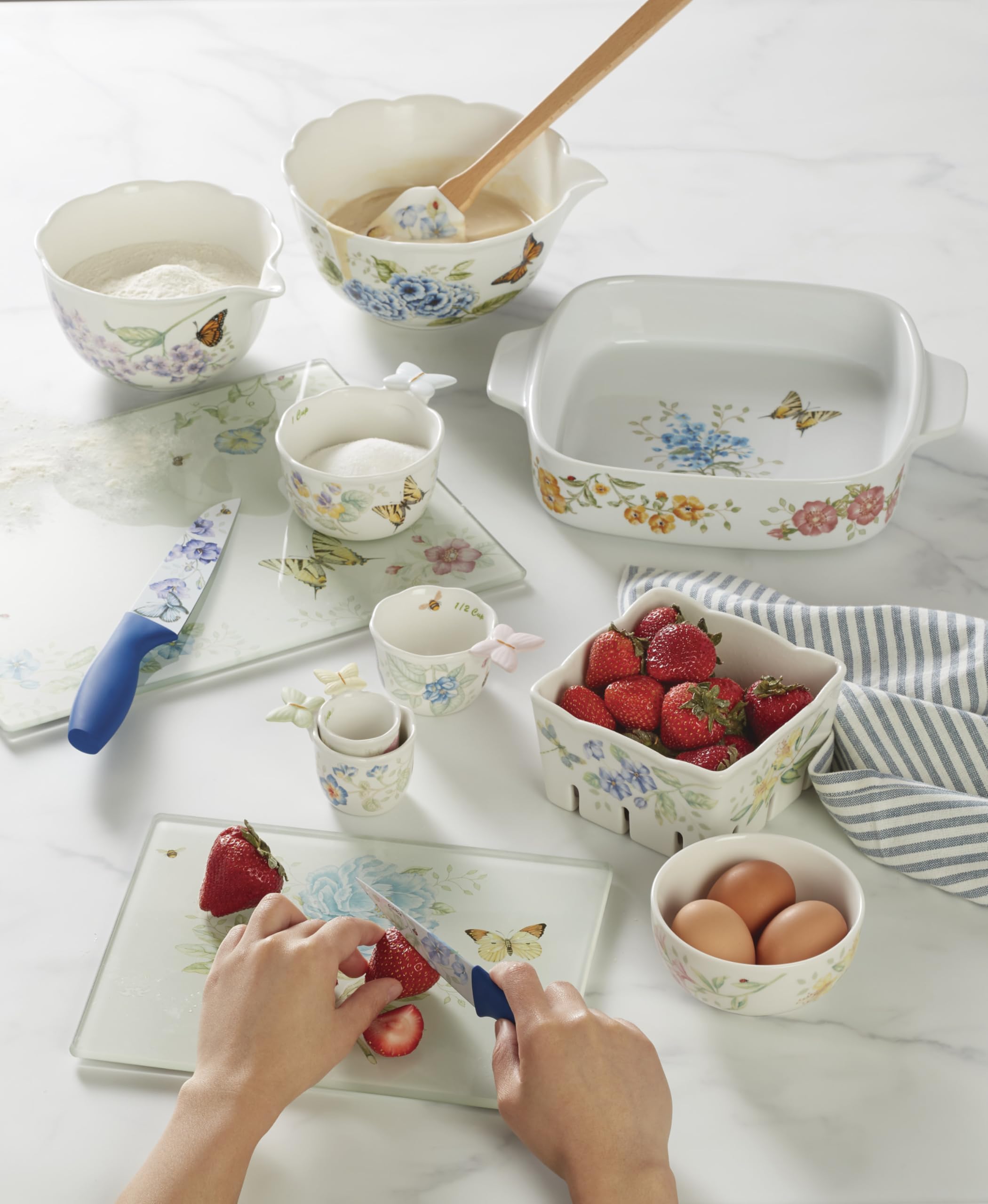 Colorful Butterfly Meadow pattern adds decorative appeal for serving or prep.