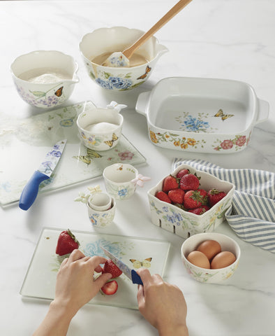 Colorful Butterfly Meadow pattern adds decorative appeal for serving or prep.