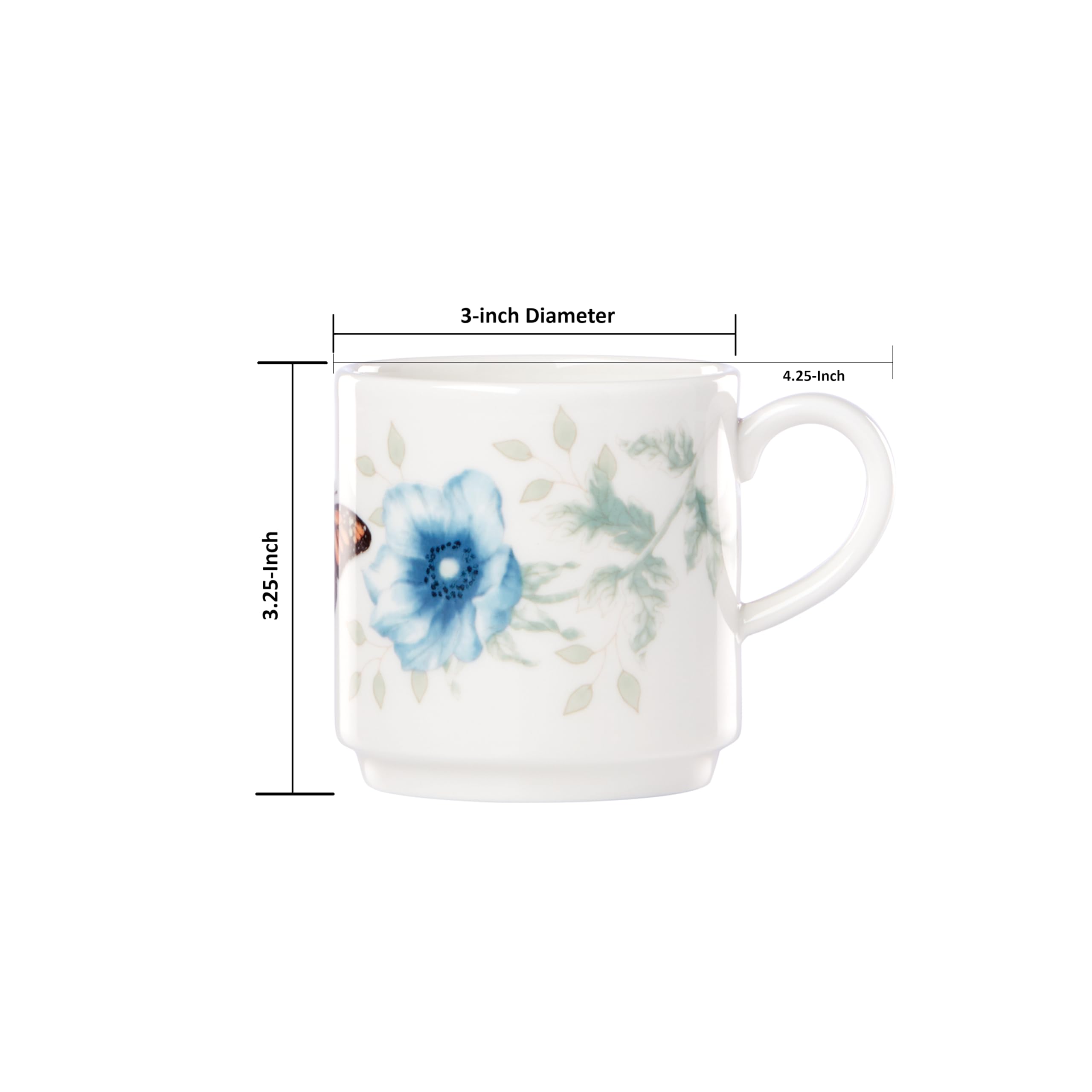 Close-up of Lenox Butterfly Meadow pattern on porcelain mug.