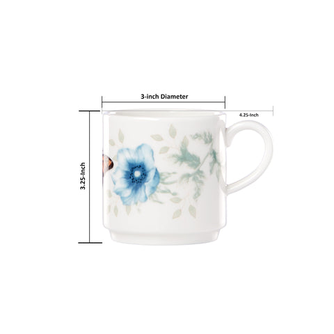 Close-up of Lenox Butterfly Meadow pattern on porcelain mug.