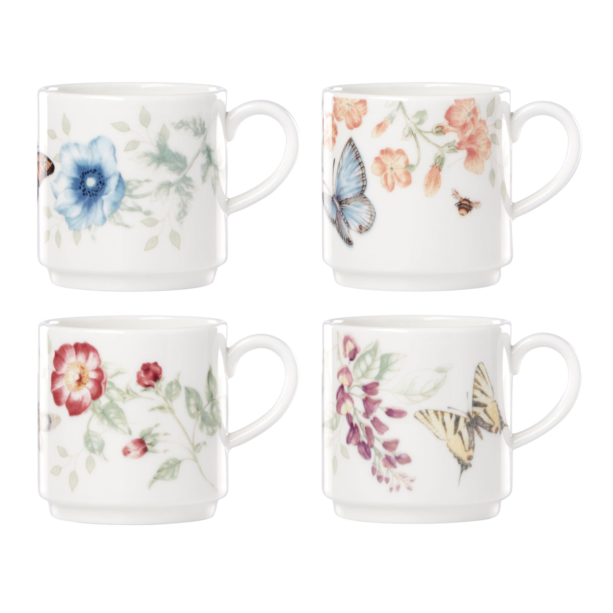 Lenox Butterfly Meadow mug stack on kitchen shelf, space-saving design.