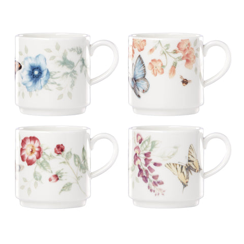 Lenox Butterfly Meadow mug stack on kitchen shelf, space-saving design.