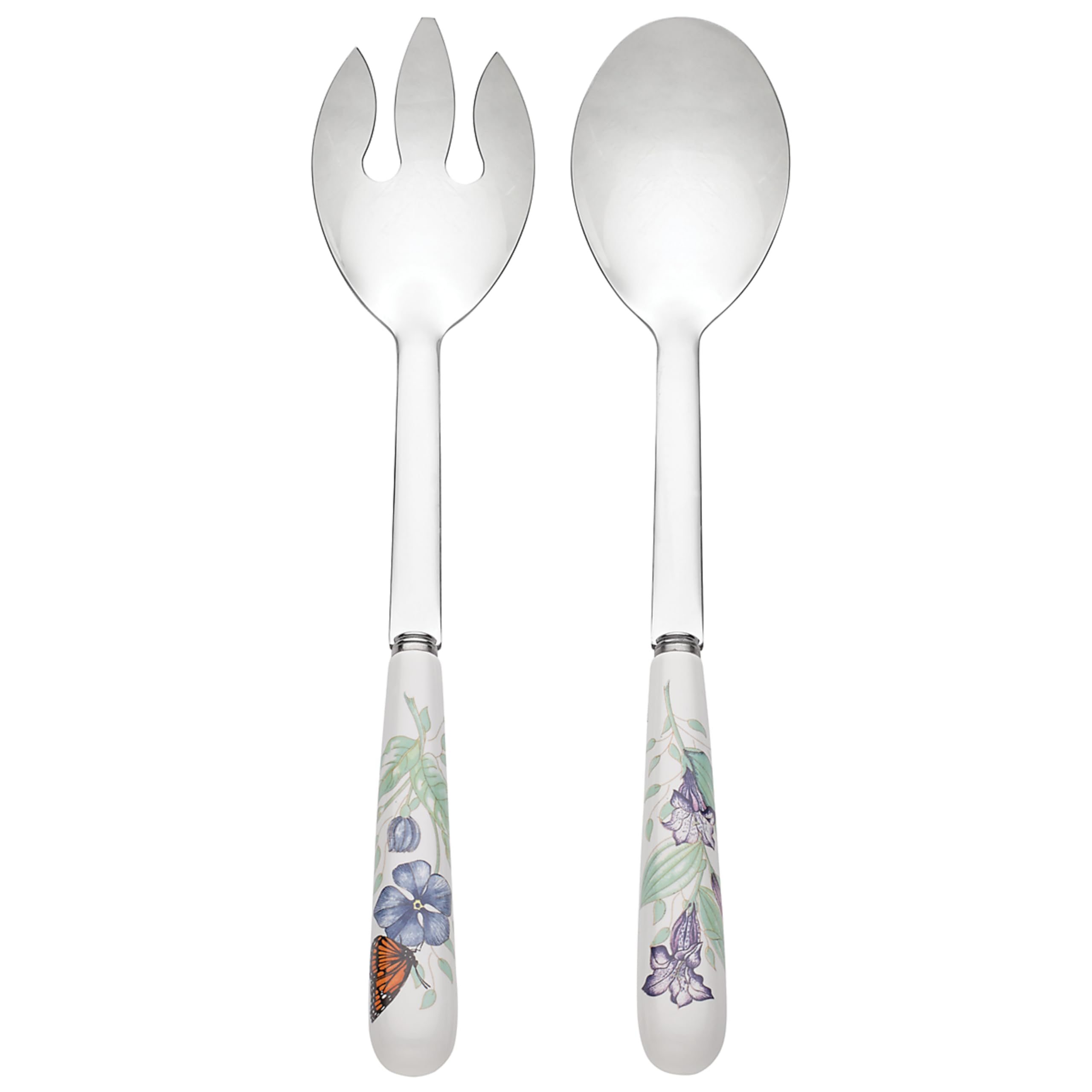 Lenox Butterfly Meadow serving set with floral motif and ceramic handles, ideal for casual salads and desserts.