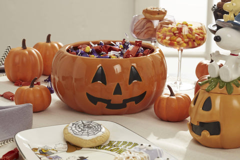 Display-ready Lenox candy dish inspired by Peanuts for fall celebrations.