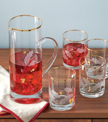 Lenox four-piece set displayed together highlights coordinated festive glassware.