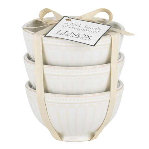 Lenox French Perle bowls showcase tea-stained bead border for countryside charm