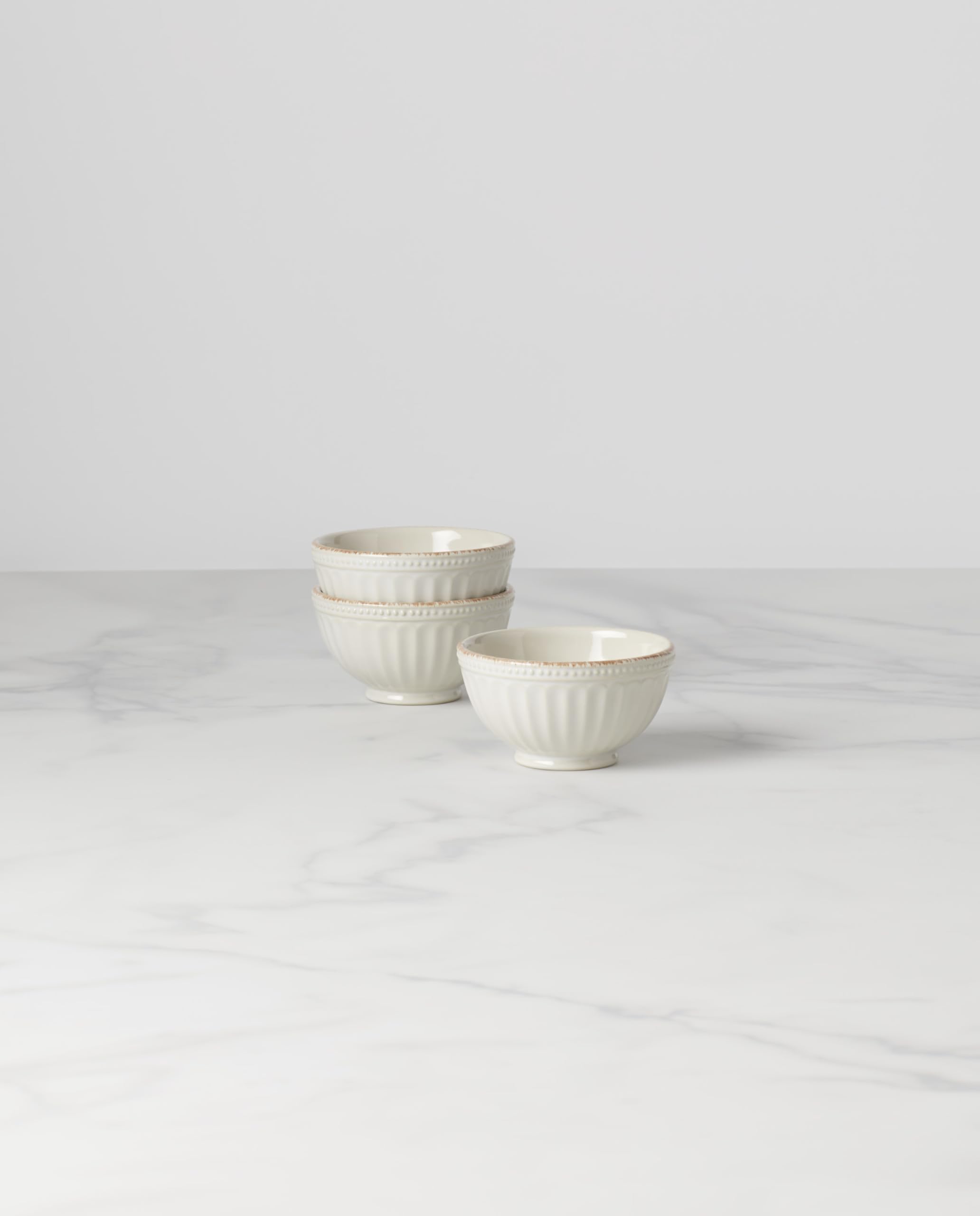 Lenox French Perle mini bowls highlight the small serving set for sauces and snacks