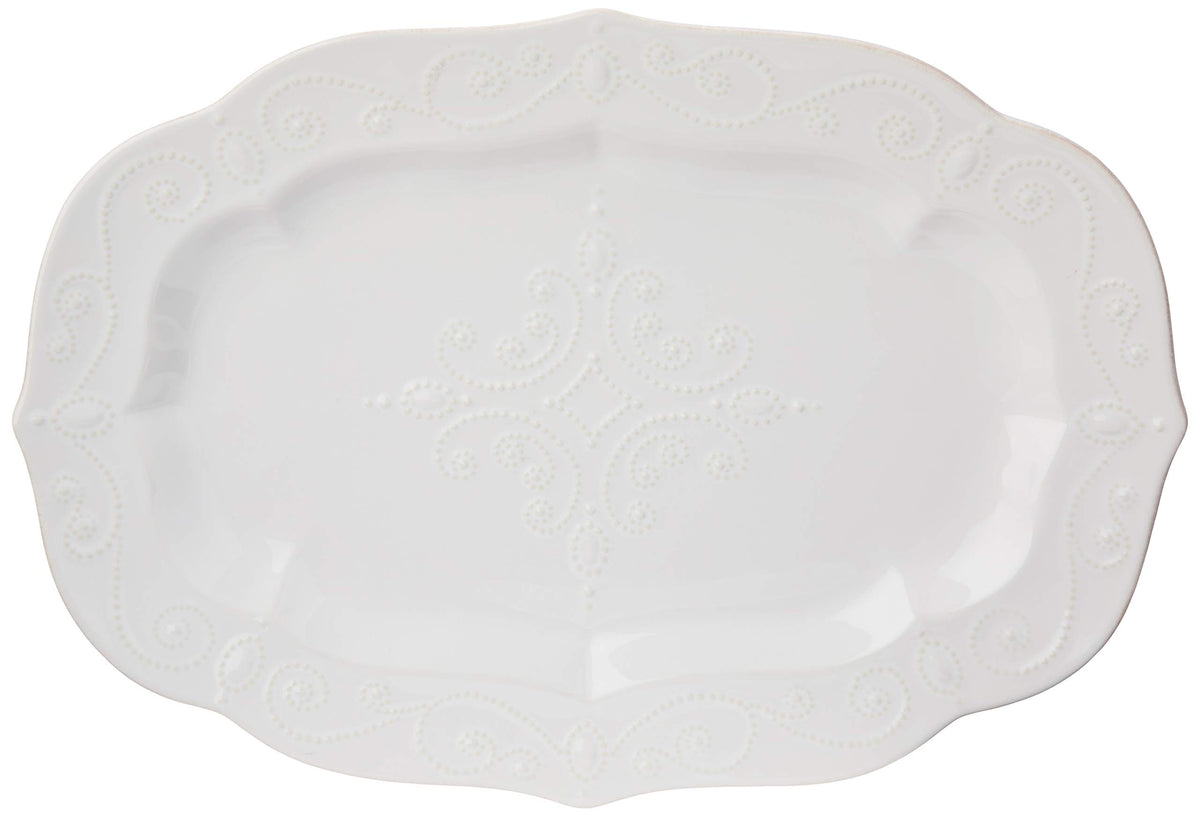 Lenox French Perle white oval platter with 18.5-inch span for elegant holiday serving.
