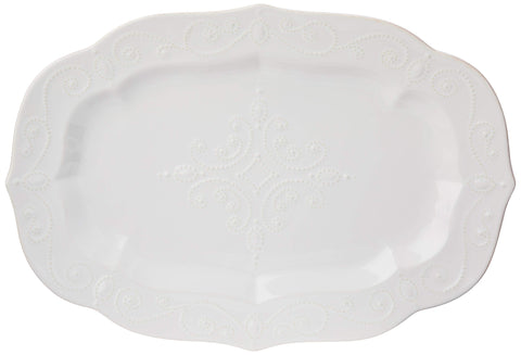 Lenox French Perle white oval platter with 18.5-inch span for elegant holiday serving.