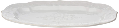 Lenox French Perle white oval platter shows textured tea-stained rim for refined presentation.