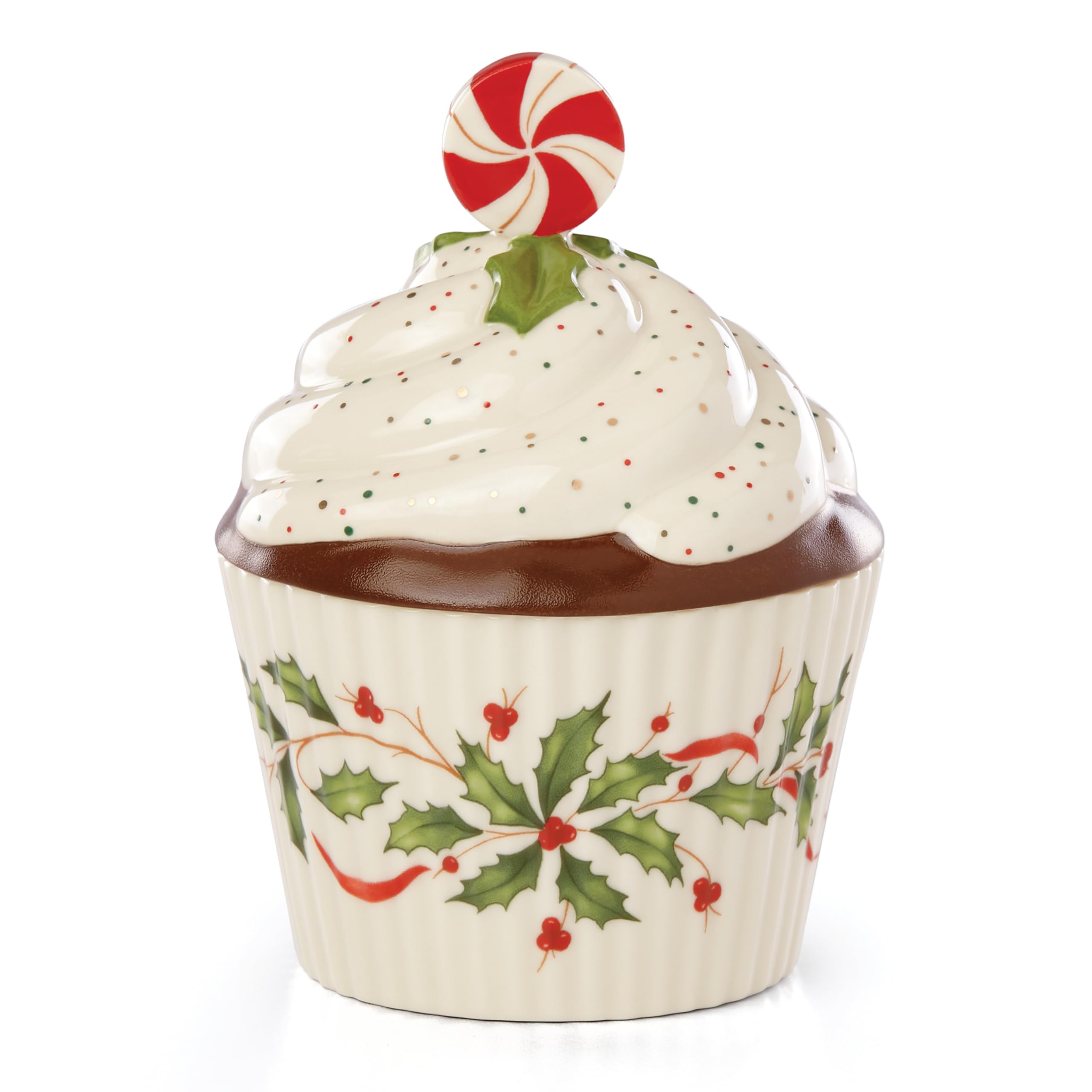 Lenox Holiday Bakeshop cupcake dish front view with holly accents for festive hosting.
