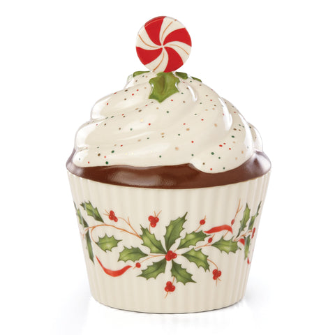 Lenox Holiday Bakeshop cupcake dish front view with holly accents for festive hosting.