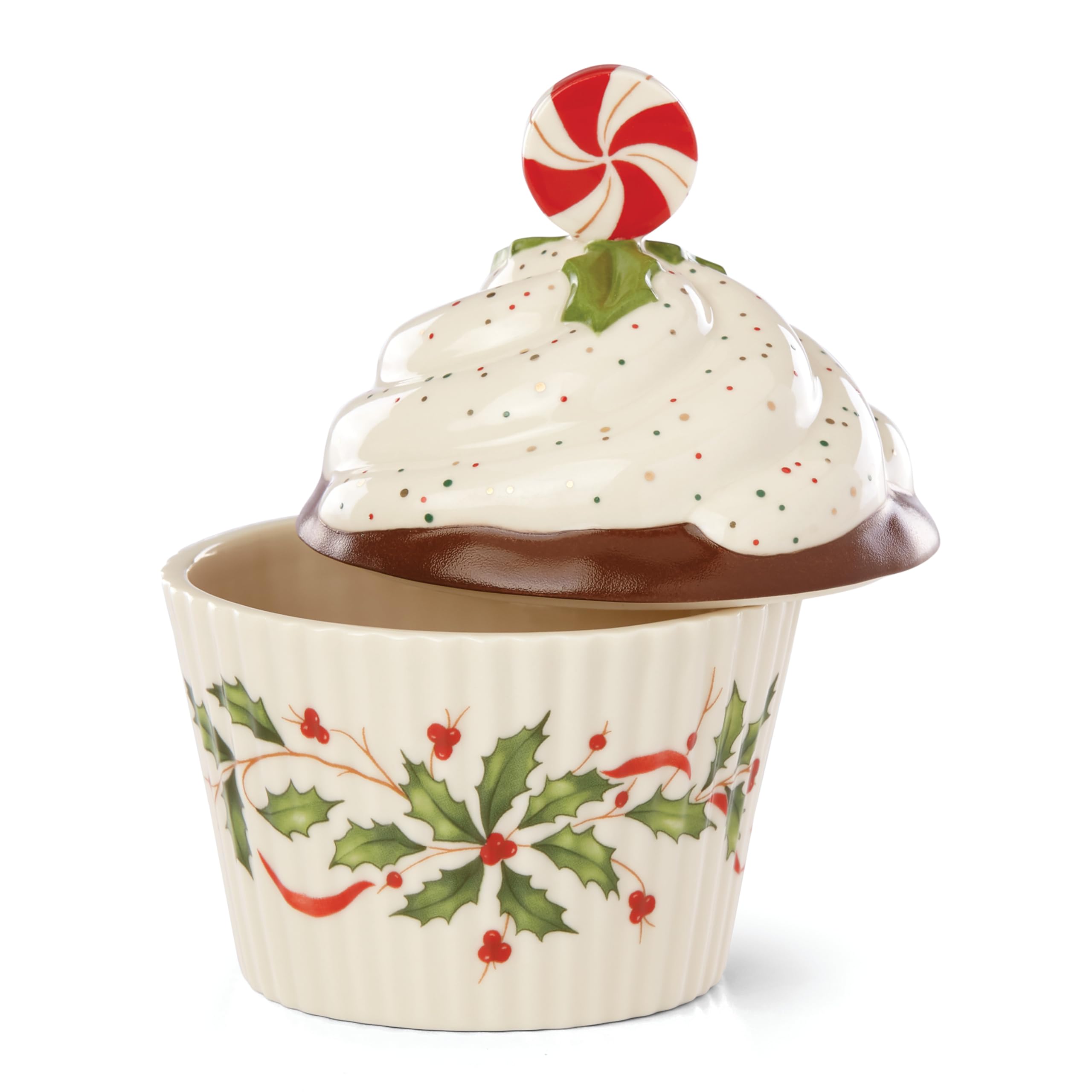 Lenox Holiday Bakeshop cupcake dish side angle highlights speckled sprinkles.