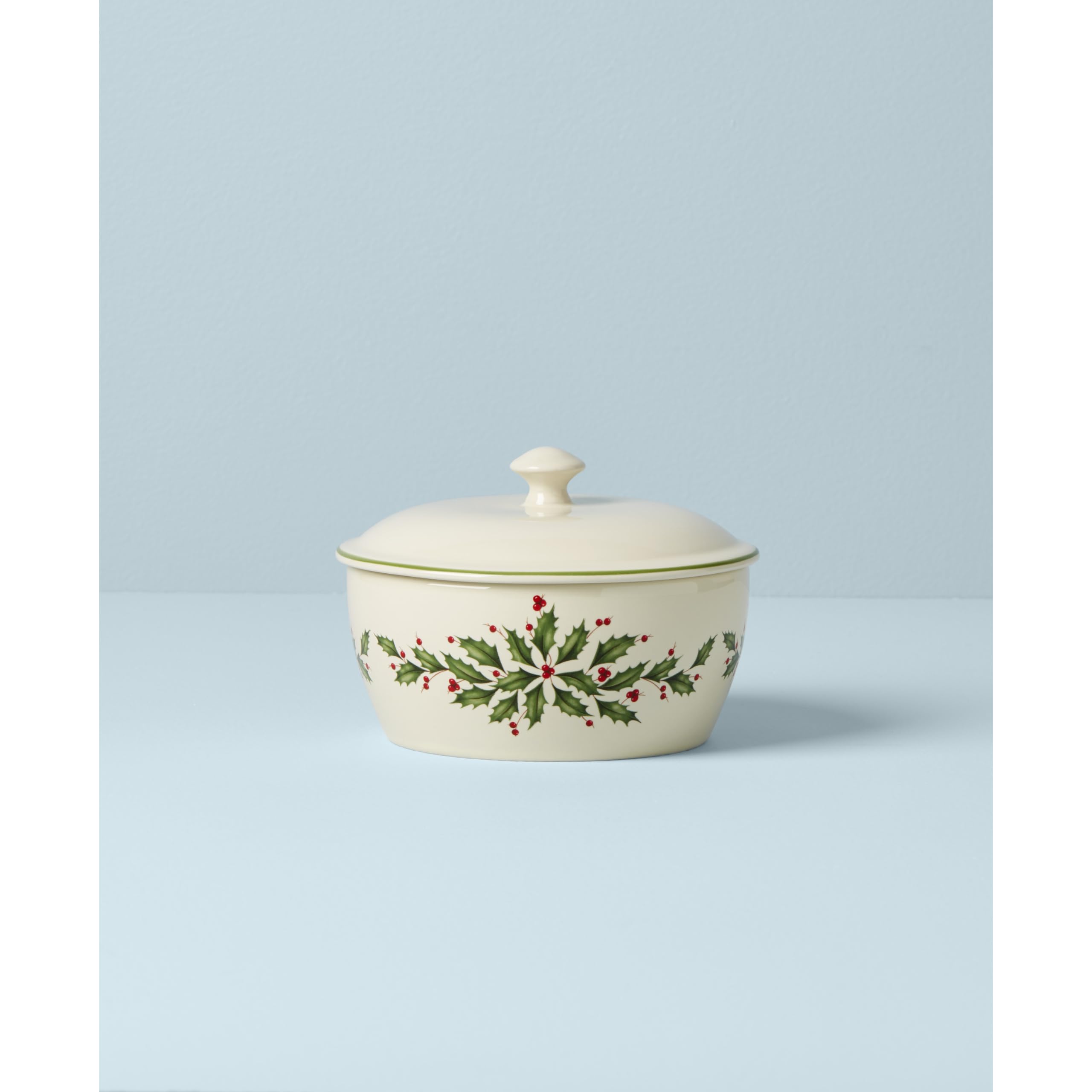 Lenox holiday casserole lid shown—keeps dishes warm during gatherings.