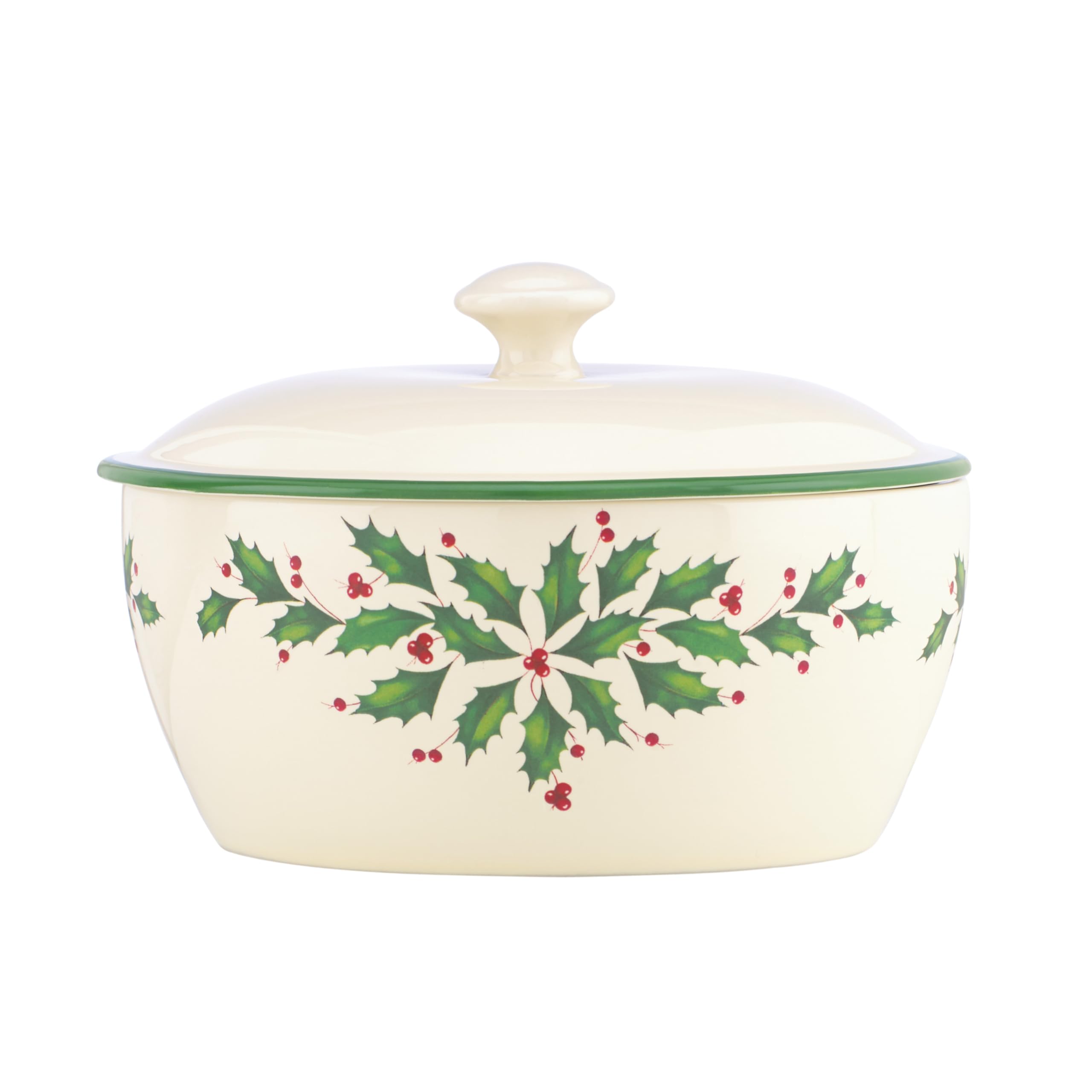 Lenox holiday covered casserole in ivory porcelain for festive meals.