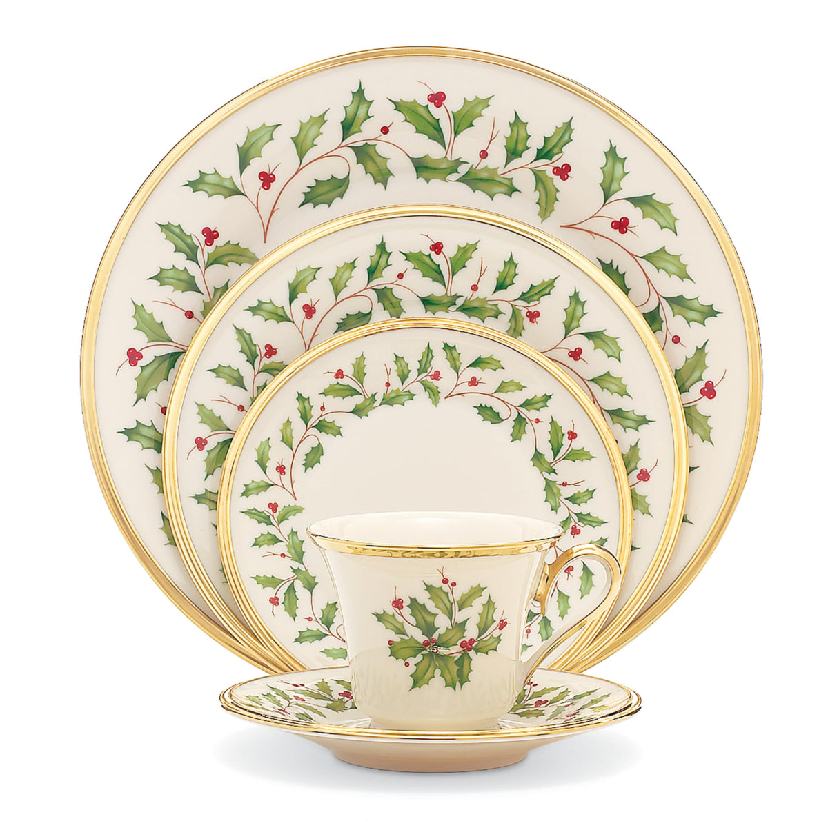 Lenox Holiday dinner plate with holly motif and 24K gold rim for festive dining.