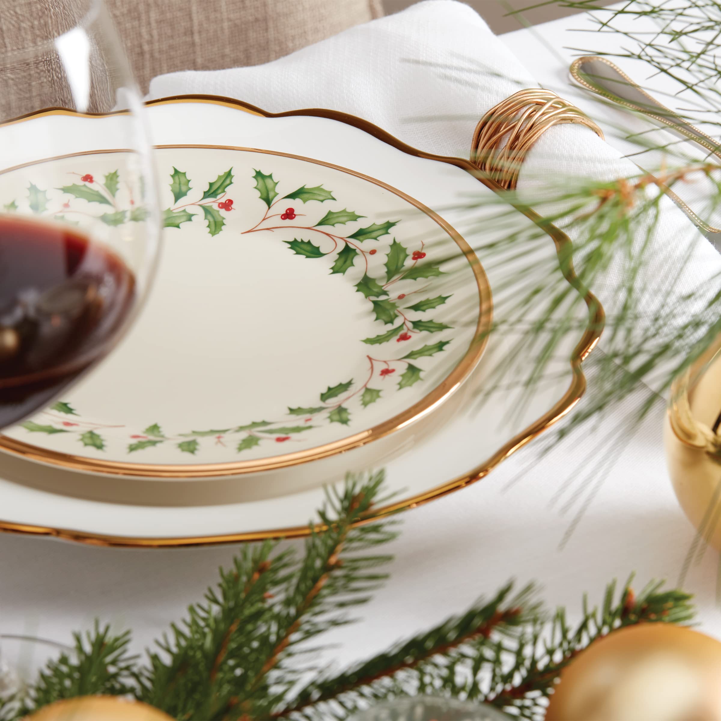 Lenox holiday salad plate coordinates with other pieces for a coordinated festive table setting.