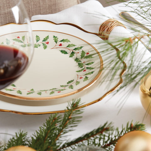 Lenox holiday salad plate coordinates with other pieces for a coordinated festive table setting.