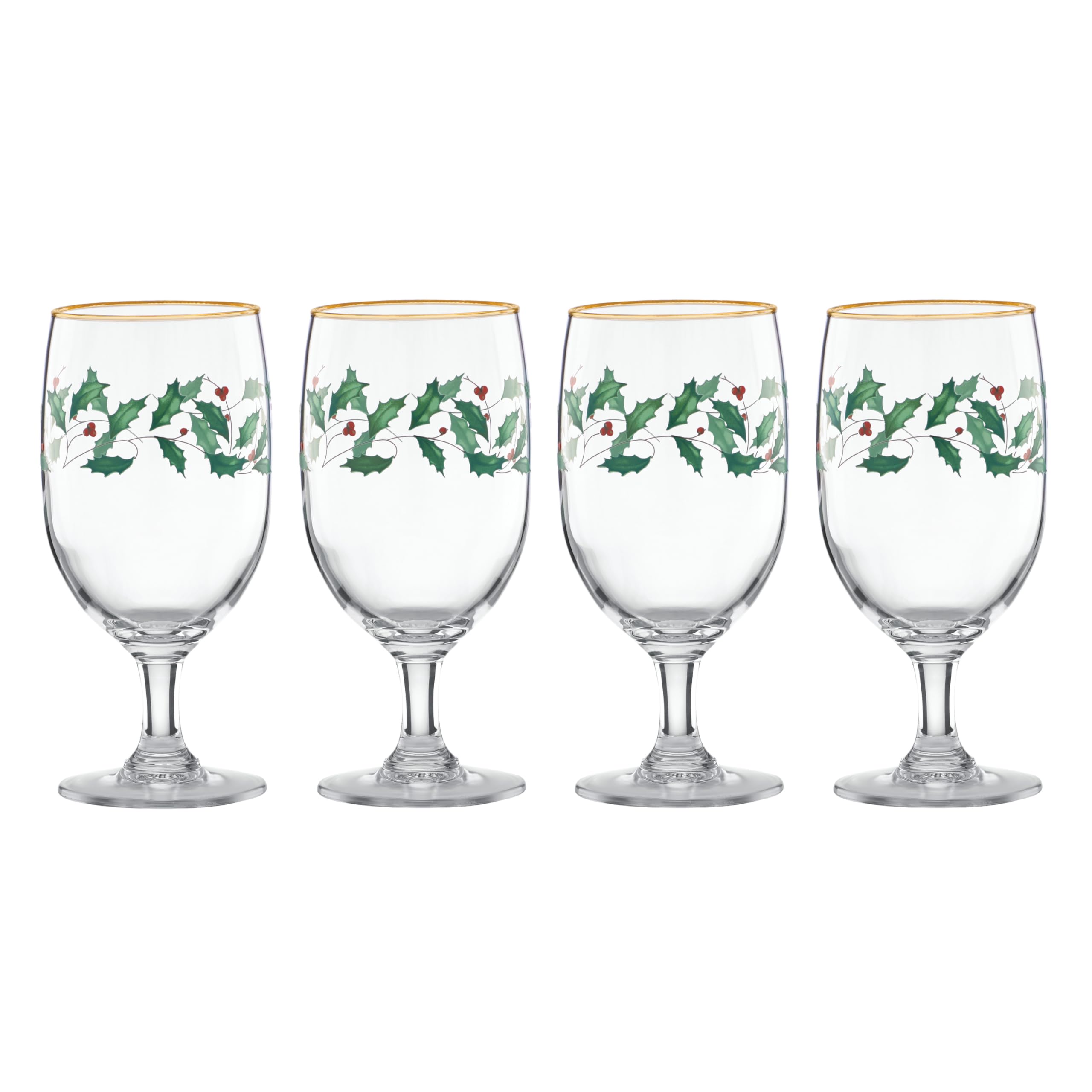 Lenox Holiday iced beverage glass with holly leaves and gold rim enhances festive toasts.