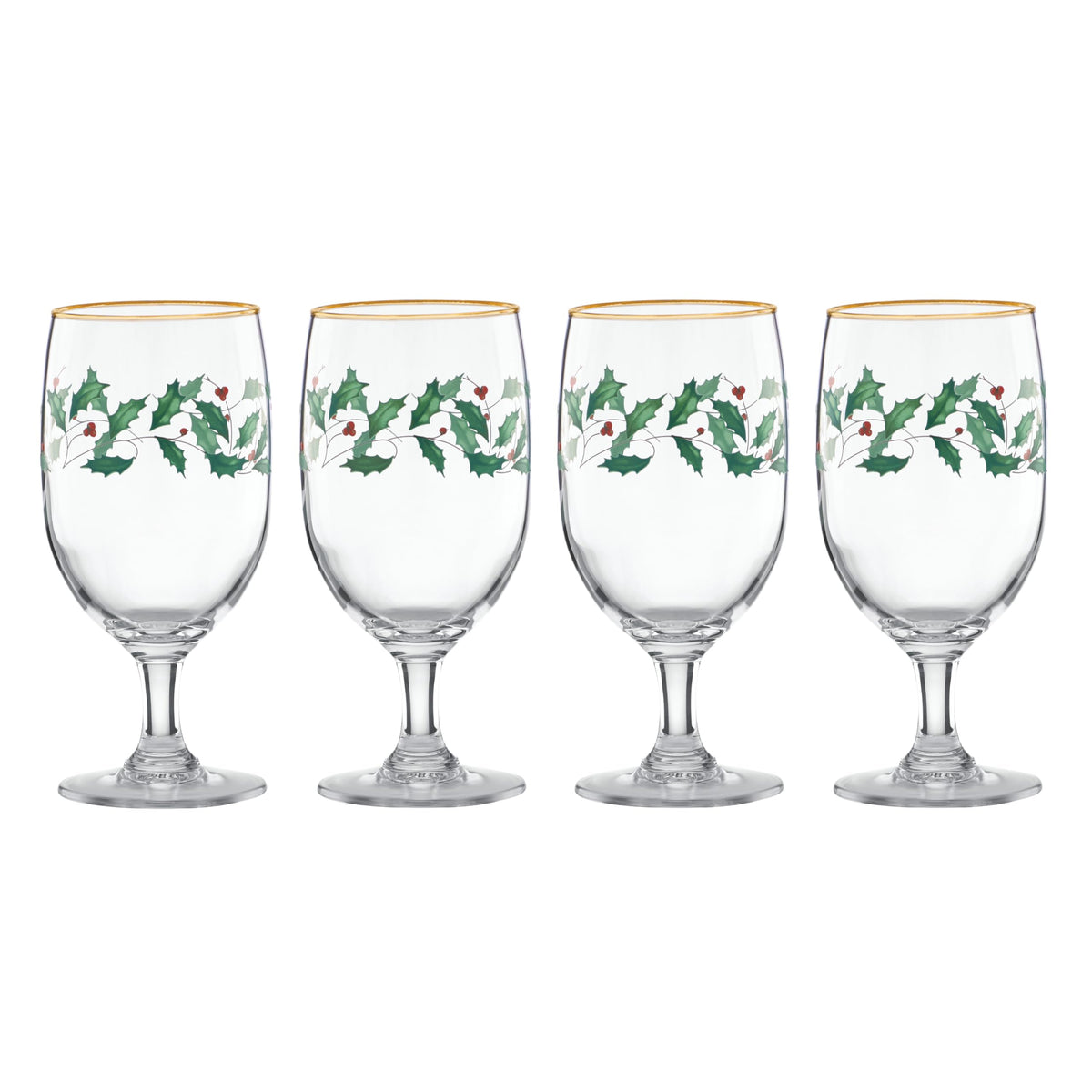 Lenox Holiday iced beverage glass with holly leaves and gold rim enhances festive toasts.