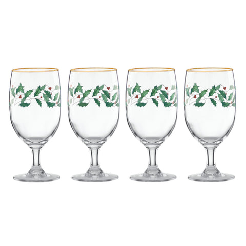 Lenox Holiday iced beverage glass with holly leaves and gold rim enhances festive toasts.