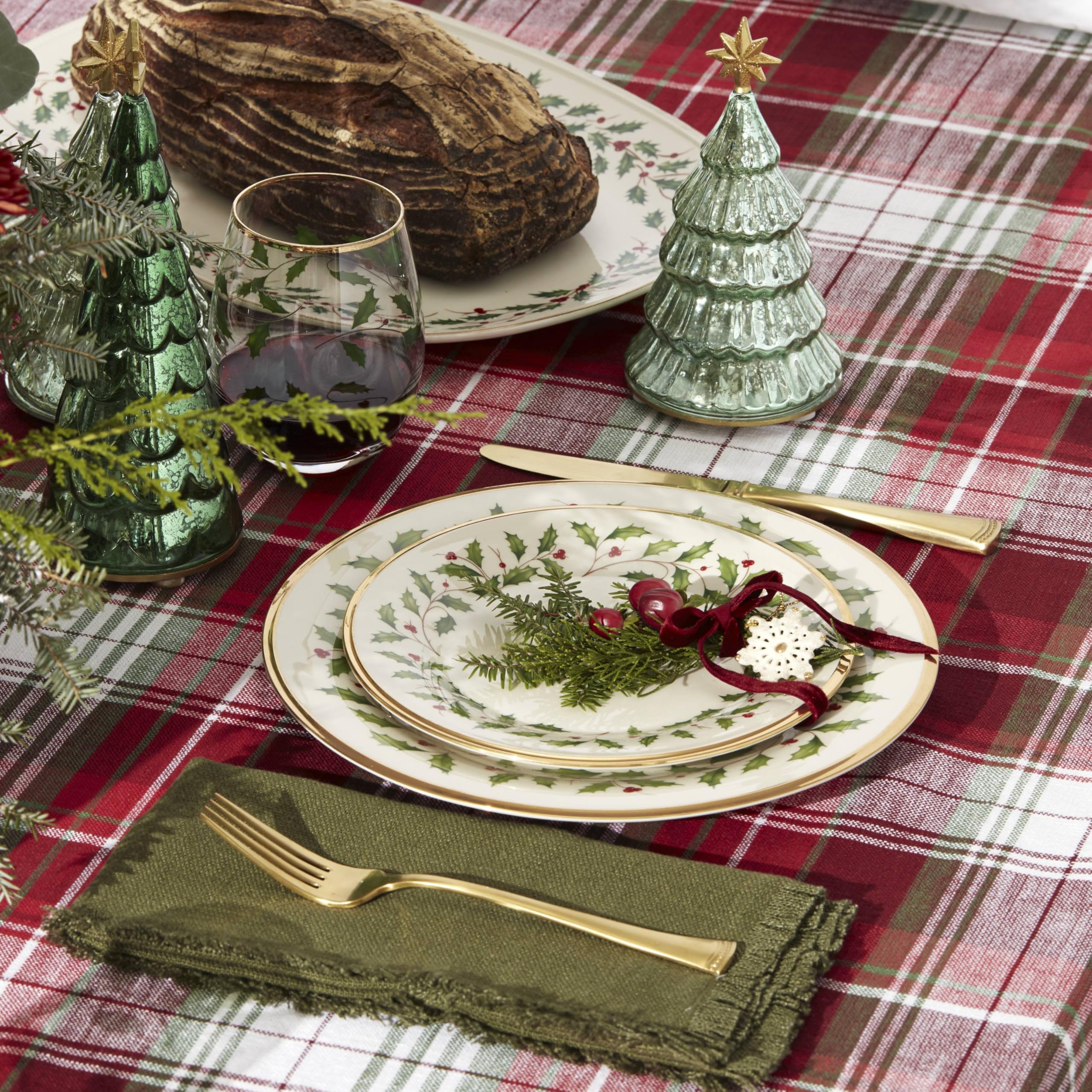 Lenox Holiday holly motif closeup highlights festive detailing.