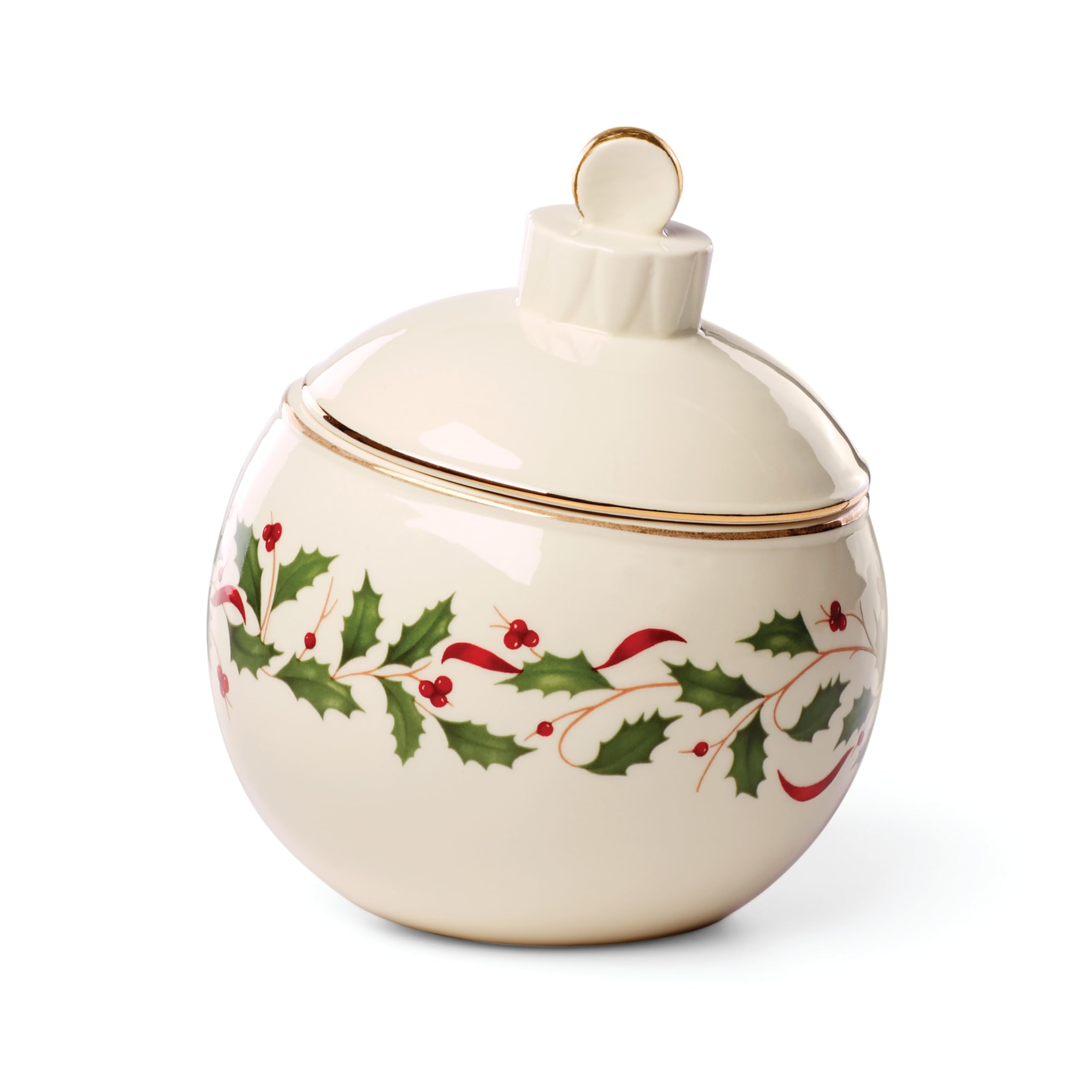 Lenox holiday ornament candy jar with holly motif and 24k gold accents for festive serving.