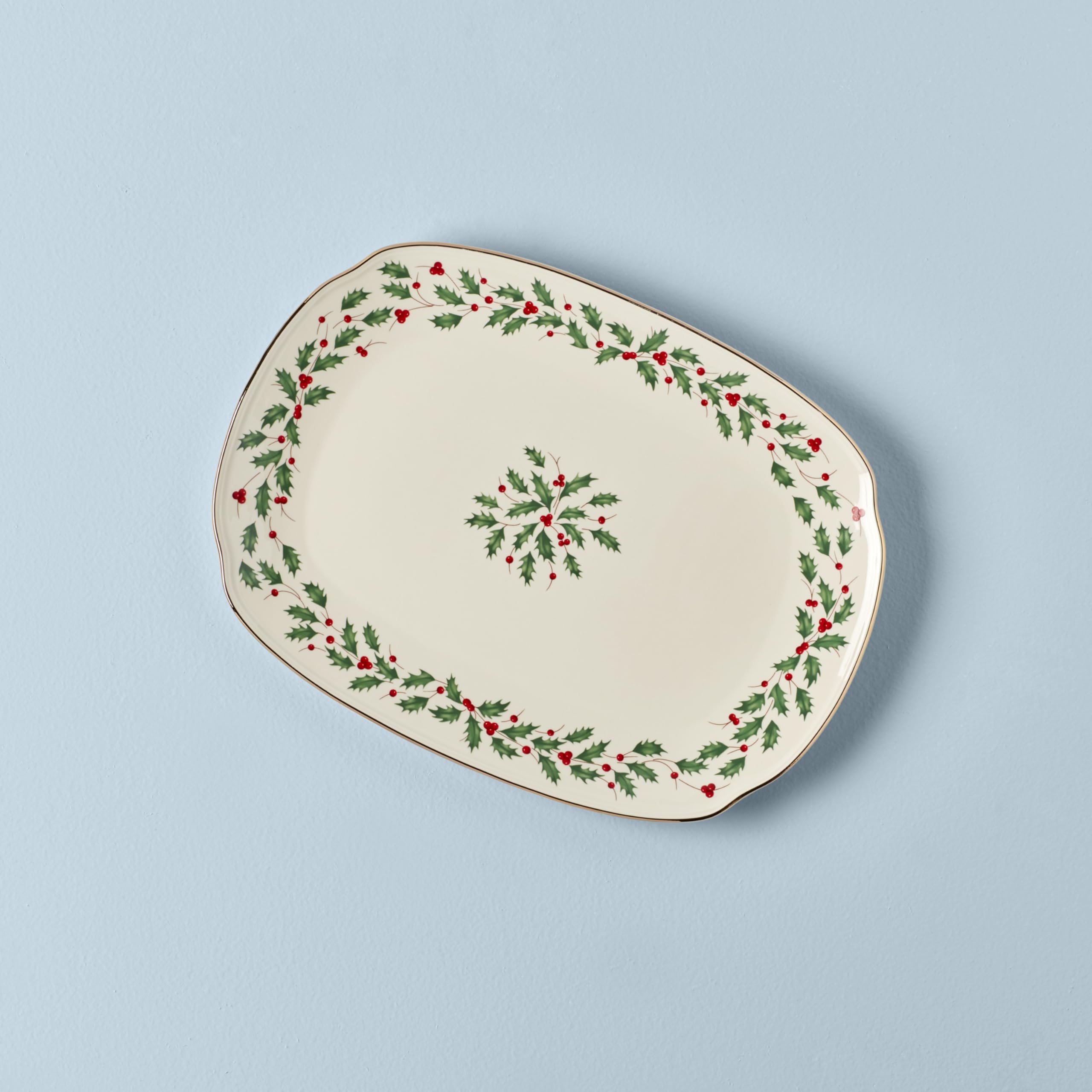 Lenox holly motif frame with wreath center on holiday serving platter for appetizers and desserts.