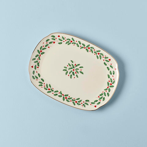 Lenox holly motif frame with wreath center on holiday serving platter for appetizers and desserts.