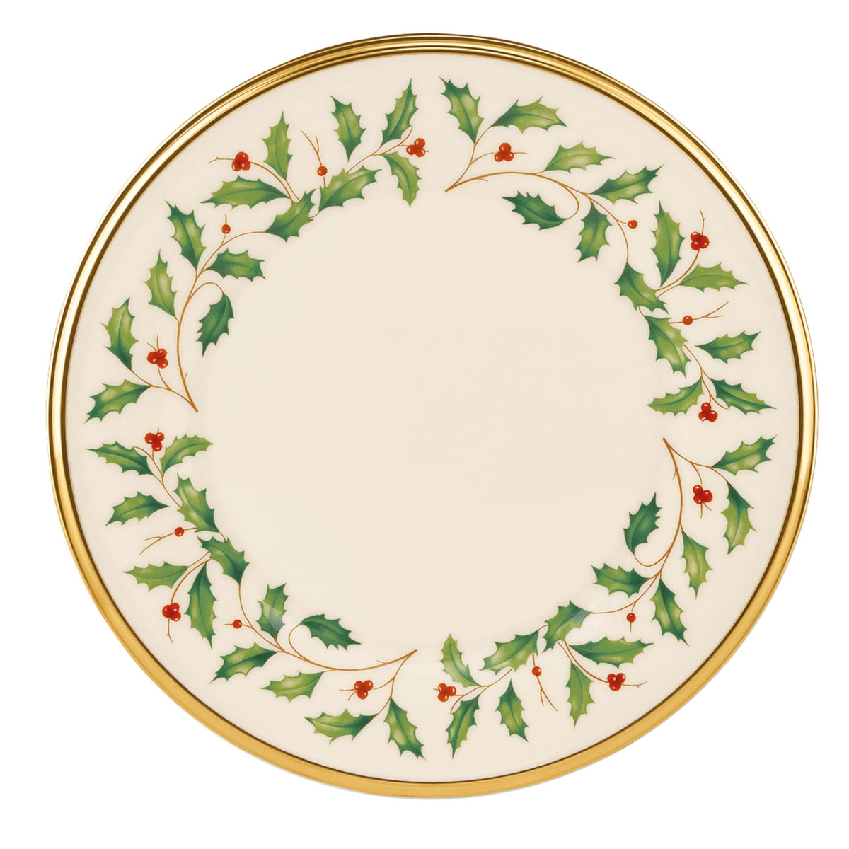 Lenox holiday salad plate with holly-berry motif enhances festive tabletop moments.